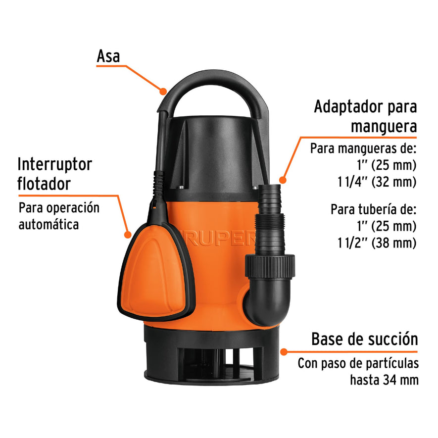 Bomba sumergible plástica, 1-1/2 HP para agua sucia, Truper, 12604