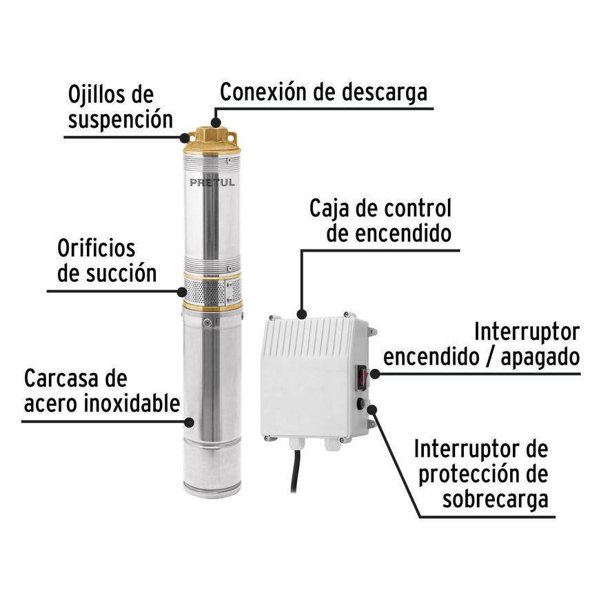 Bomba sumergible, tipo bala, 1/2 HP, agua limpia, Pretul, 28205
