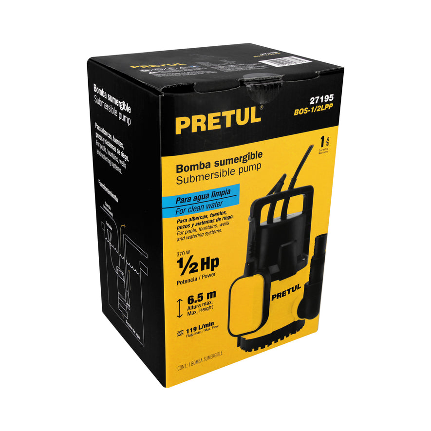 Bomba sumergible plástica, 1/2 HP para agua limpia, Pretul, 27195