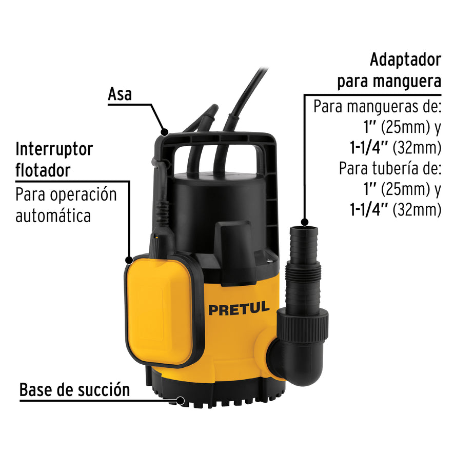 Bomba sumergible plástica, 1/2 HP para agua limpia, Pretul, 27195