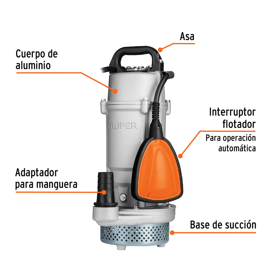 Bomba sumergible cubierta aluminio,agua limpia,1/2HP, TRUPER, 15001