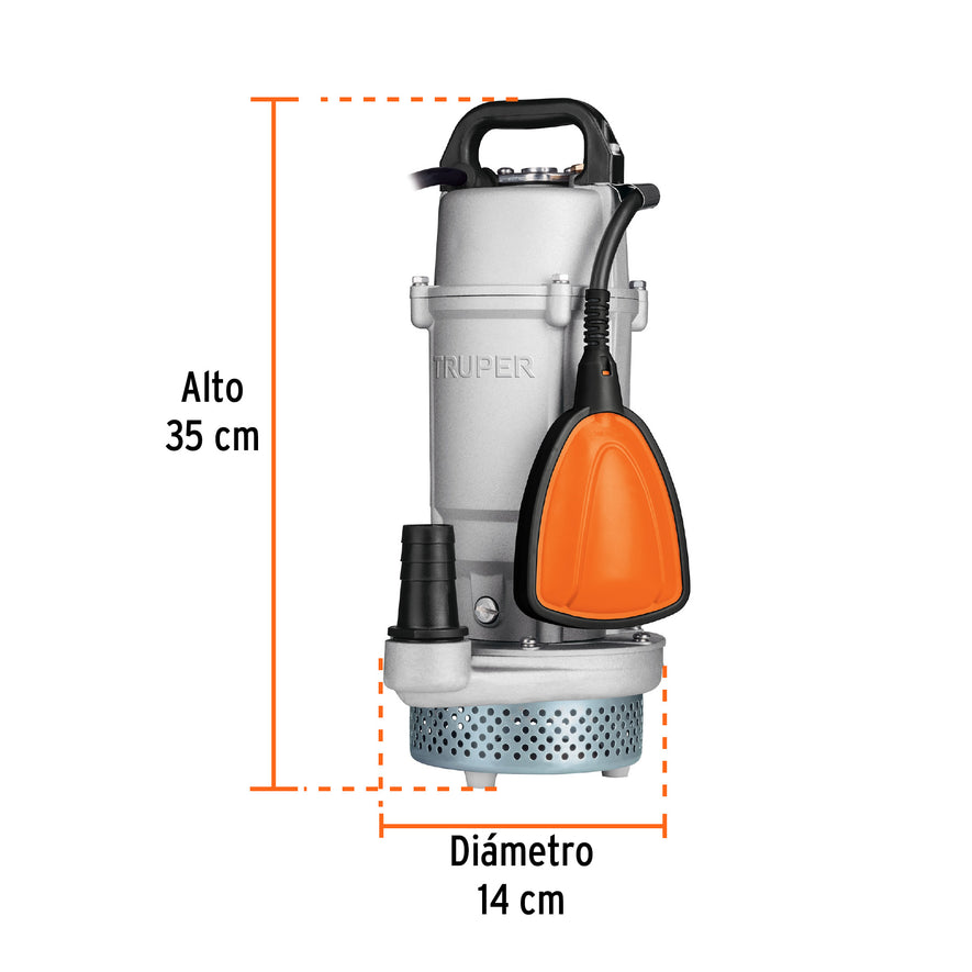 Bomba sumergible cubierta aluminio,agua limpia,1/2HP, TRUPER, 15001