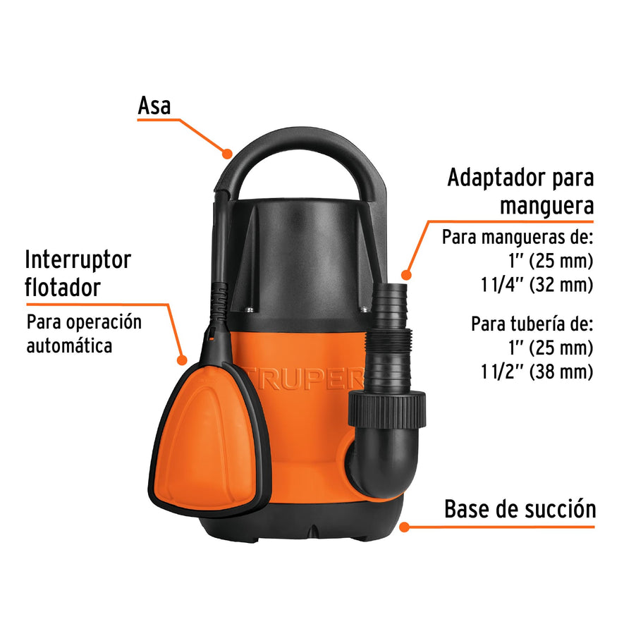 Bomba sumergible plástica, 1/2 HP para agua limpia, Truper, 12601