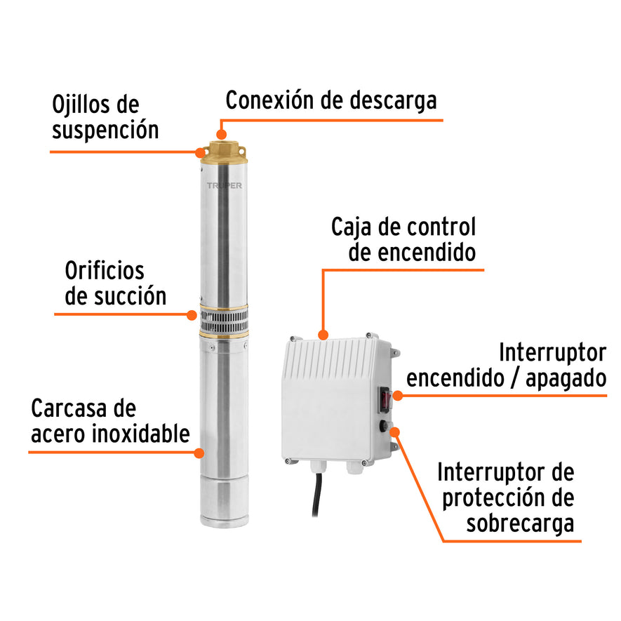 Bomba sumergible, tipo bala, 1 HP, a/limpia, 220V, Truper, 102975