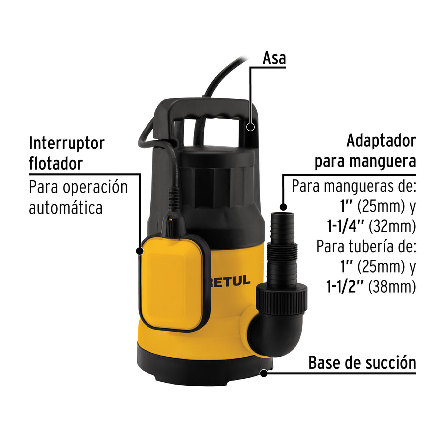 Bomba sumergible plástica, 1 HP para agua limpia, Pretul, 27197