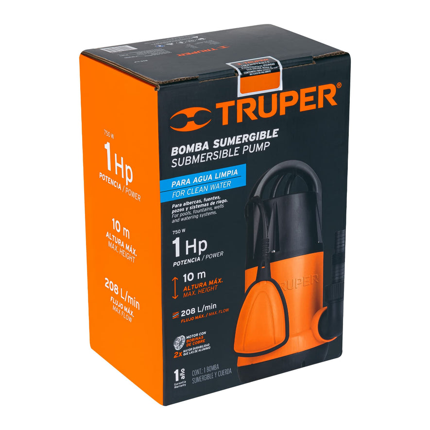 Bomba sumergible plástica, 1 HP para agua limpia, Truper, 12602