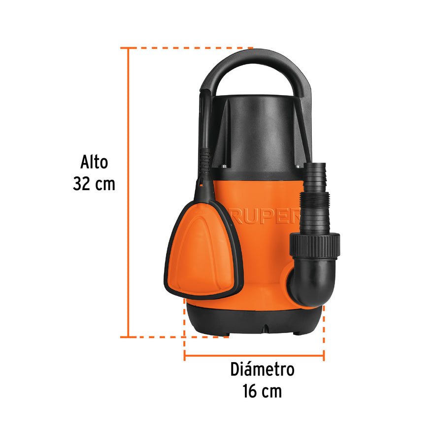 Bomba sumergible plástica, 1 HP para agua limpia, Truper, 12602