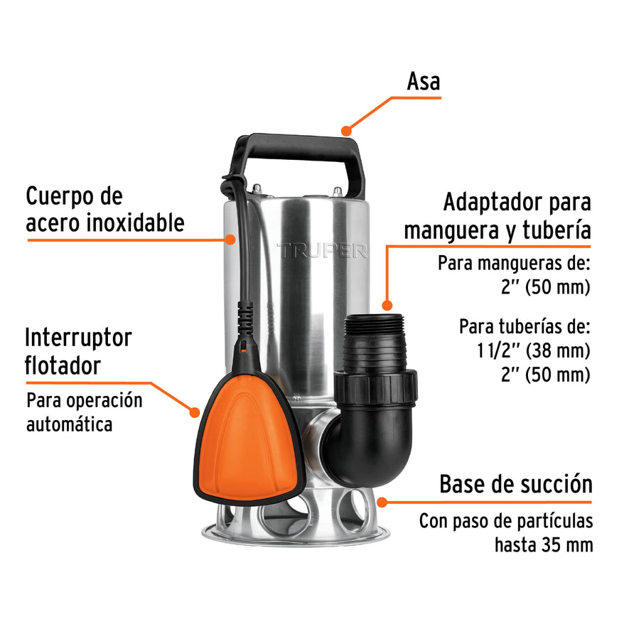 Bomba sumergible acero inoxidable, agua sucia, 1 HP, TRUPER, 12607