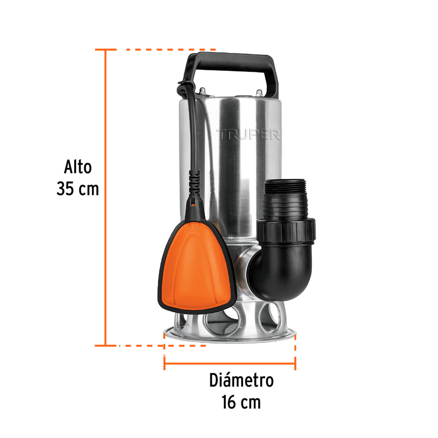 Bomba sumergible acero inoxidable, agua sucia, 1 HP, TRUPER, 12607