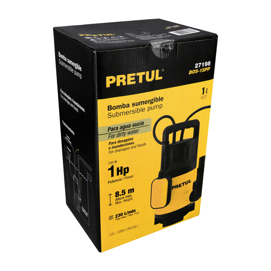 Bomba sumergible plástica, 1 HP para agua sucia, Pretul, 27198