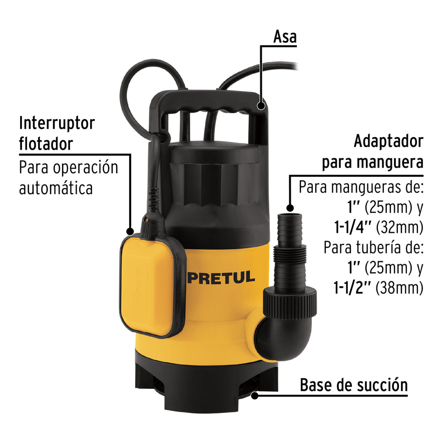 Bomba sumergible plástica, 1 HP para agua sucia, Pretul, 27198