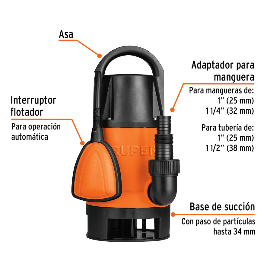 Bomba sumergible plástica, 1 HP para agua sucia, Truper, 12603