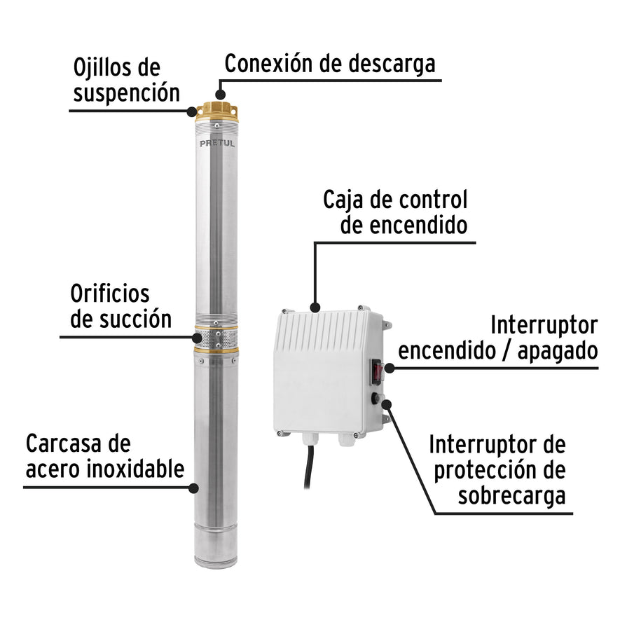 Bomba sumergible, tipo bala, 2 HP, agua limpia, Pretul, 28201