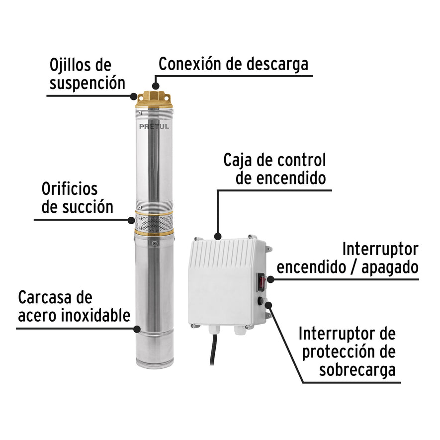 Bomba sumergible, tipo bala, 3/4 HP, agua limpia, Pretul, 28204