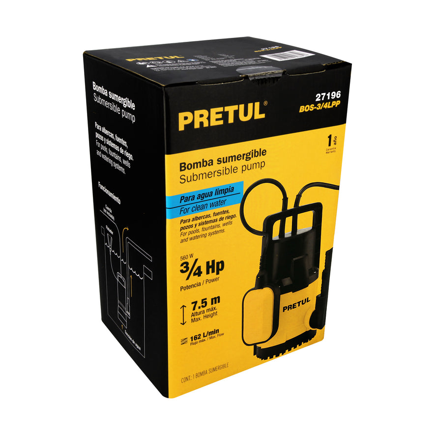 Bomba sumergible plástica, 3/4 HP para agua limpia, Pretul, 27196
