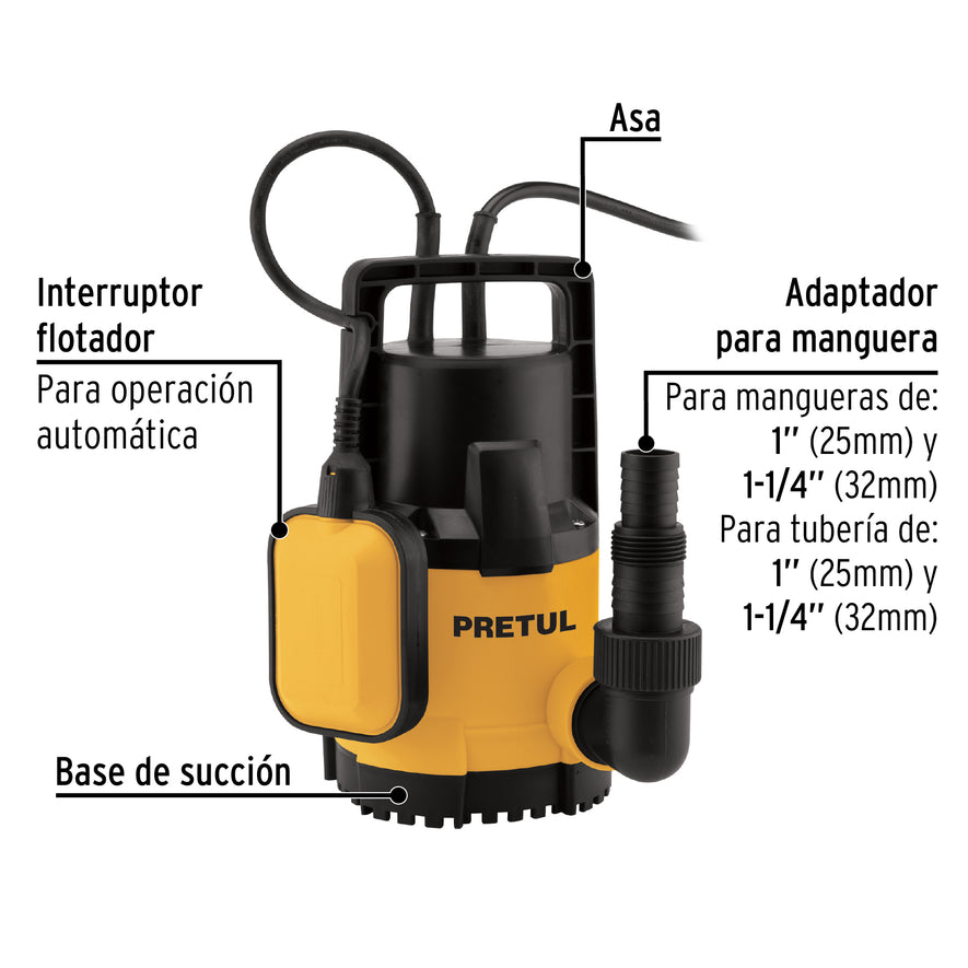 Bomba sumergible plástica, 3/4 HP para agua limpia, Pretul, 27196