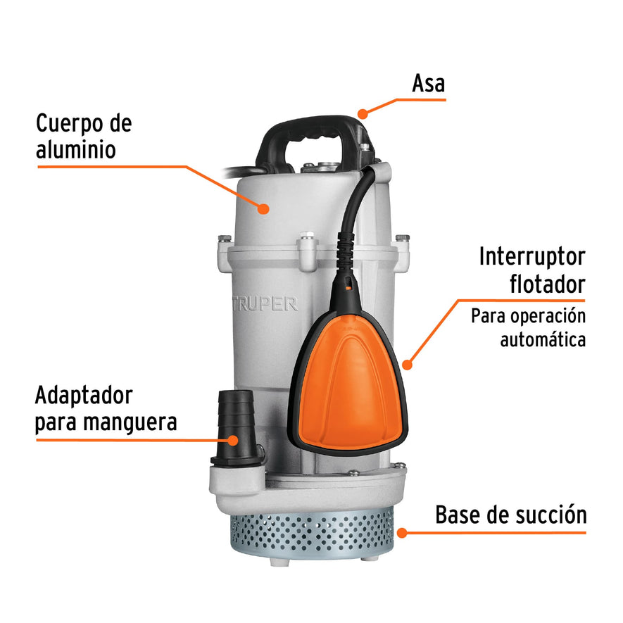 Bomba sumergible cubierta aluminio,agua limpia,3/4HP, TRUPER, 15002