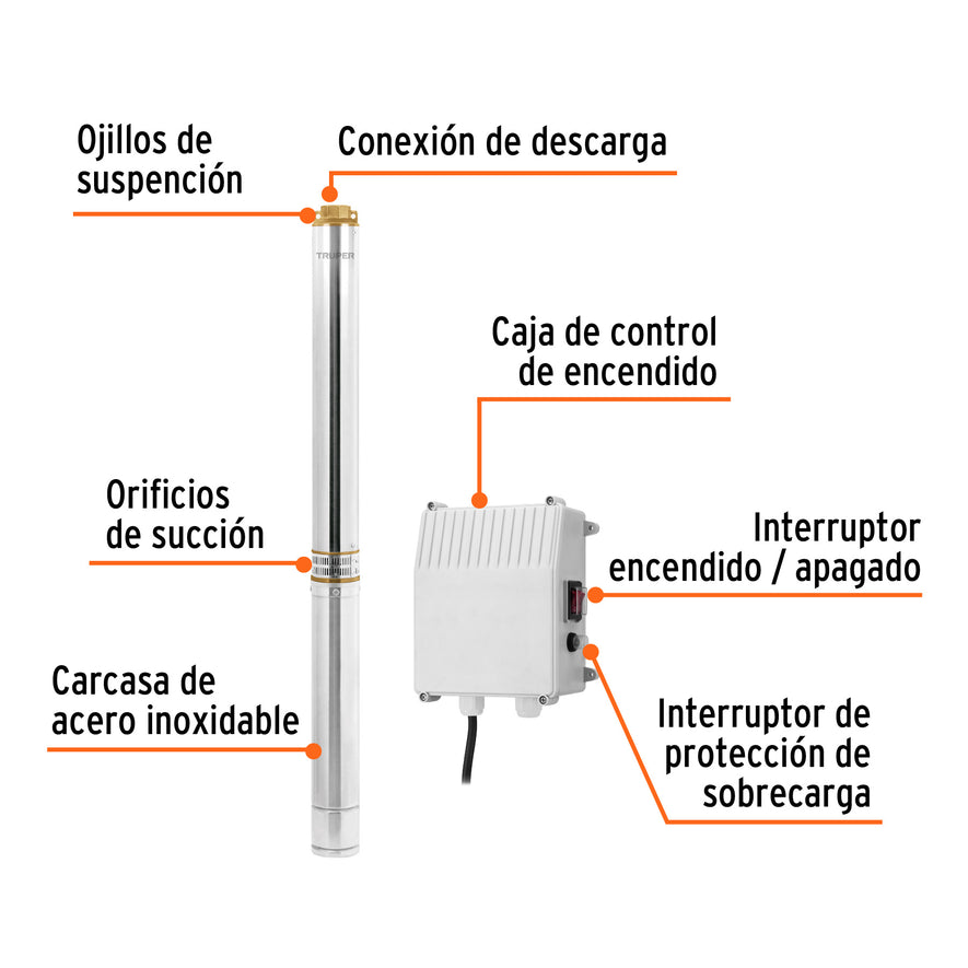 Bomba sumergible, tipo bala, 3 HP, a/limpia, 220V, Truper, 102978