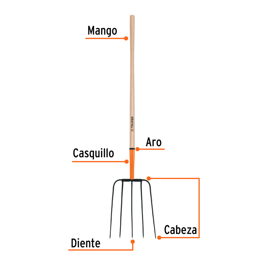 Bieldo para paja, 5 dientes, mgo largo 48',cab/grande TRUPER, 11008