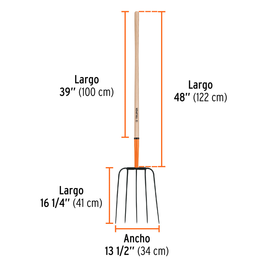 Bieldo para paja, 5 dientes, mgo largo 48',cab/grande TRUPER, 11008