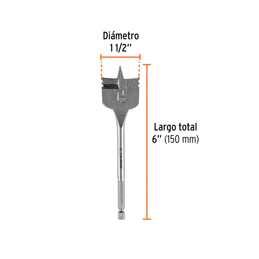Broca plana de manita 1-1/2' para madera, Truper Caja con 6, 11393