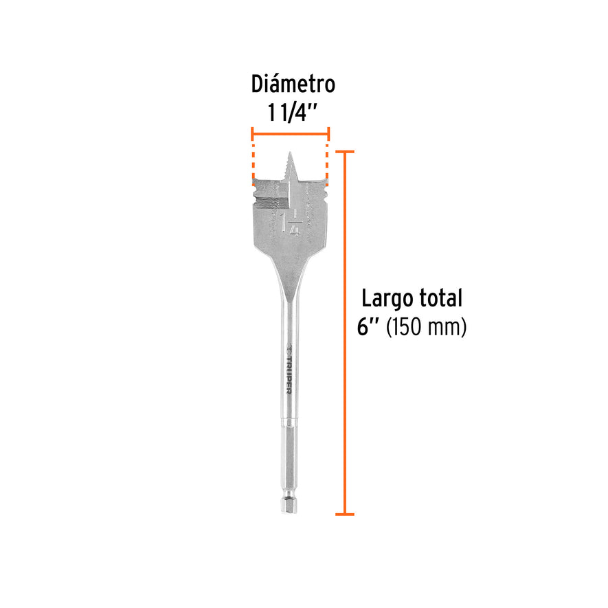 Broca plana de manita 1-1/4' para madera, Truper Caja con 6, 11390