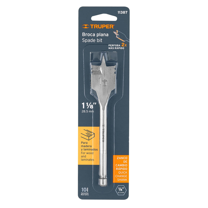Broca plana de manita 1-1/8' para madera, Truper Caja con 6, 11387