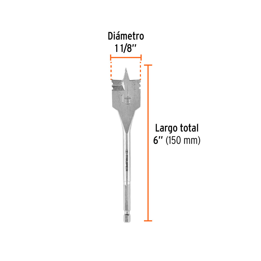 Broca plana de manita 1-1/8' para madera, Truper Caja con 6, 11387