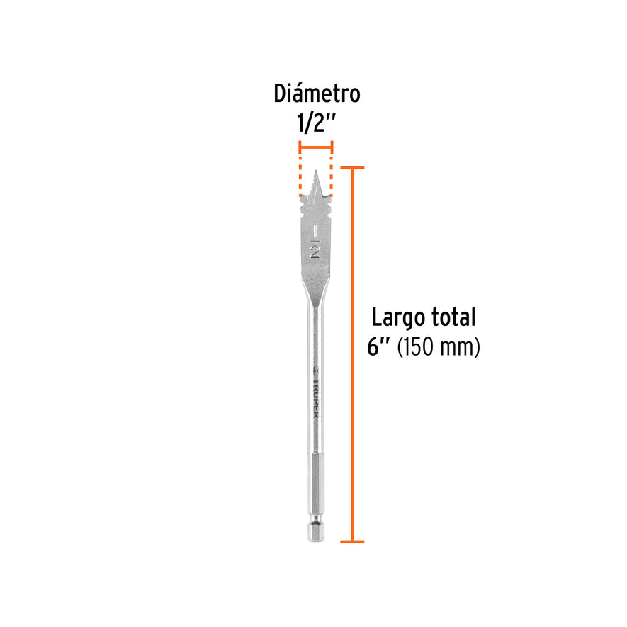 Broca plana de manita 1/2' para madera, Truper Caja con 6, 11372