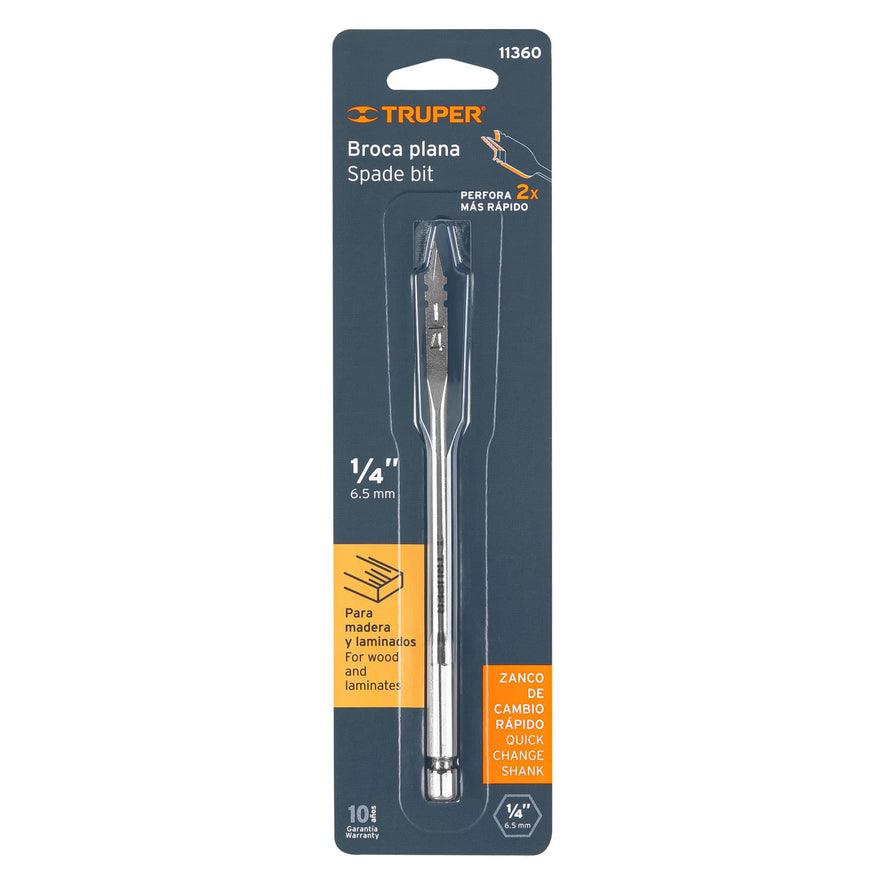 Broca plana de manita 1/4' para madera, Truper Caja con 6, 11360
