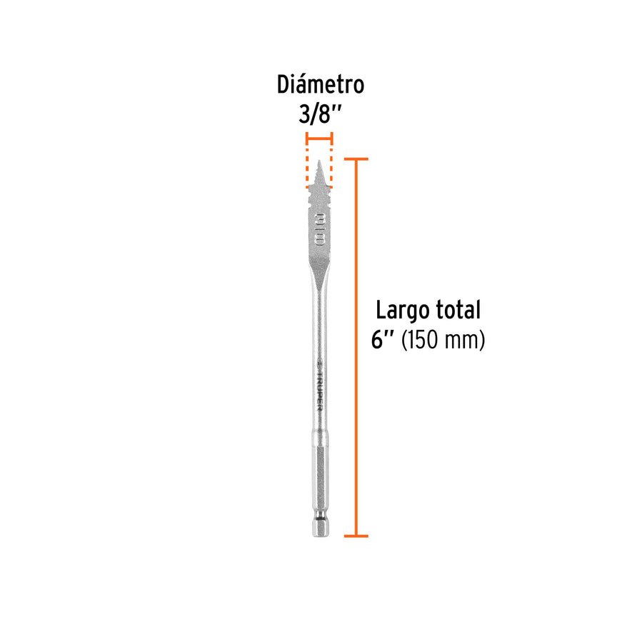 Broca plana de manita 3/8' para madera, Truper Caja con 6, 11366