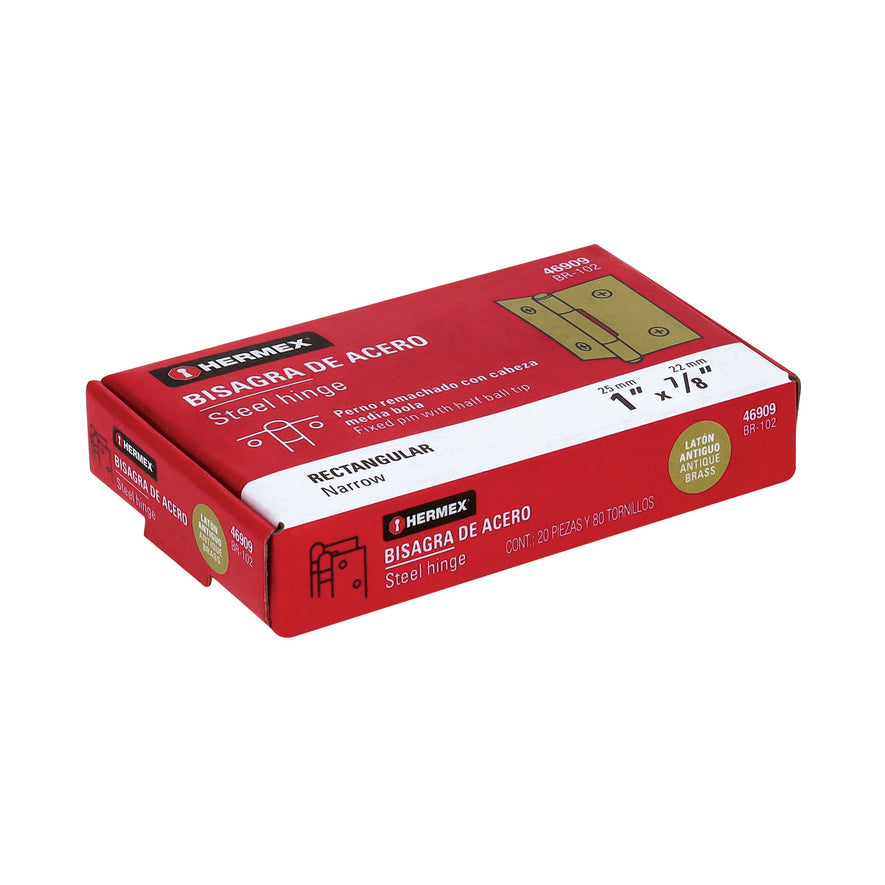 Bisagra rectangular 1' latón antiguo, Hermex Caja con 20, 46909
