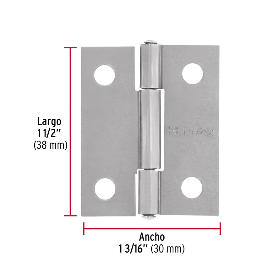 Bolsa con 2 bisagras rectangulares 1-1/2', acero pulido Caja con 6, 45682