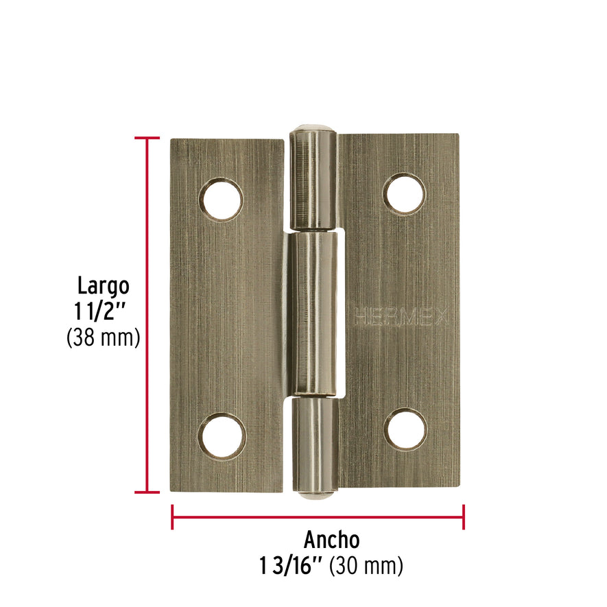 Bisagra rectangular 1-1/2' latón antiguo, Hermex Caja con 20, 46910