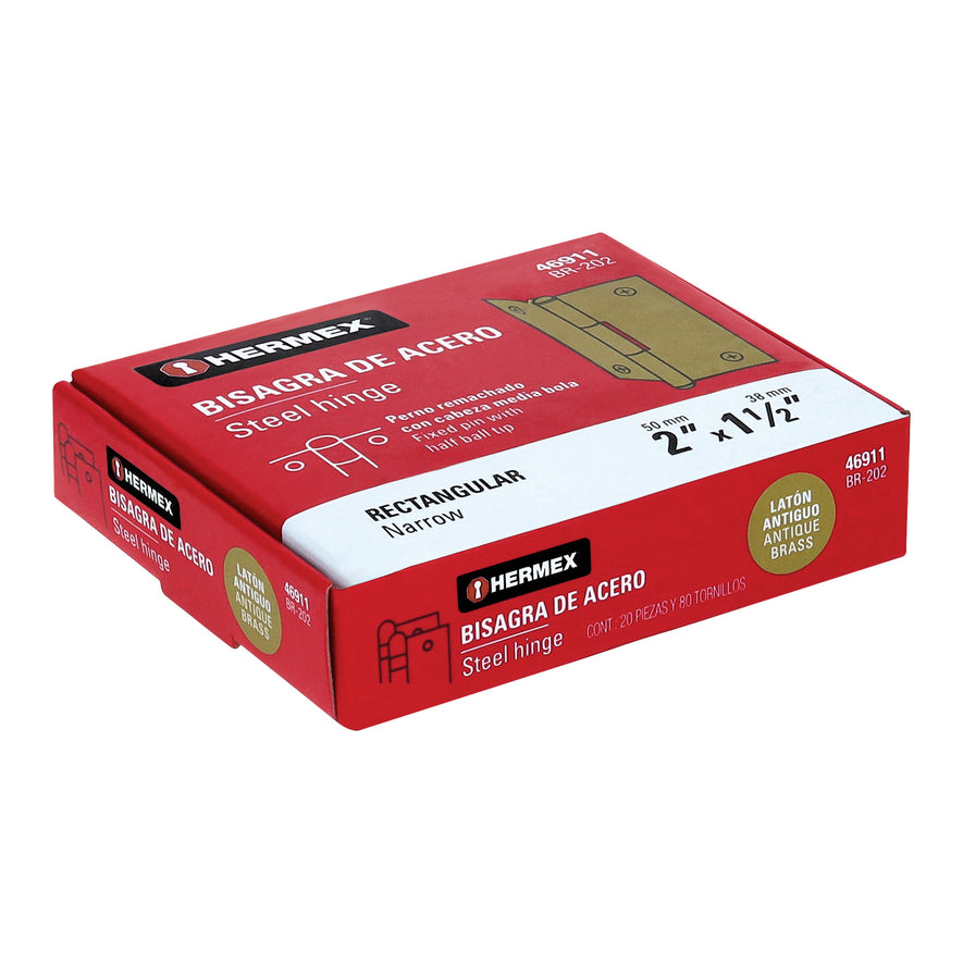 Bisagra rectangular 2' latón antiguo, Hermex Caja con 20, 46911