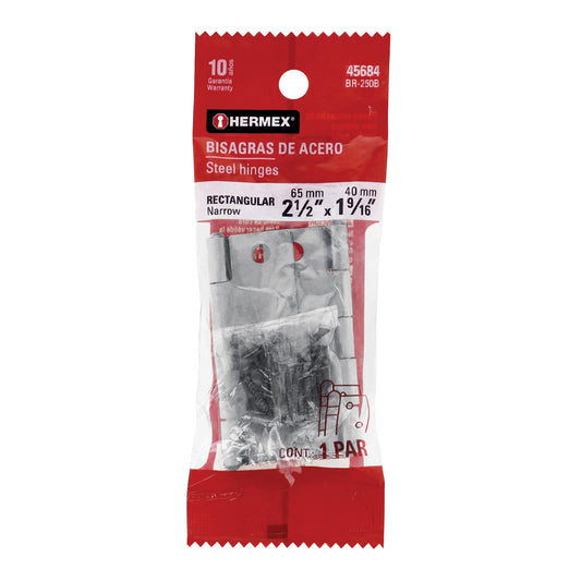 Bolsa con 2 bisagras rectangulares 2-1/2', acero pulido Caja con 6, 45684