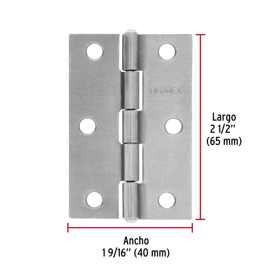 Bolsa con 2 bisagras rectangulares 2-1/2', acero pulido Caja con 6, 45684