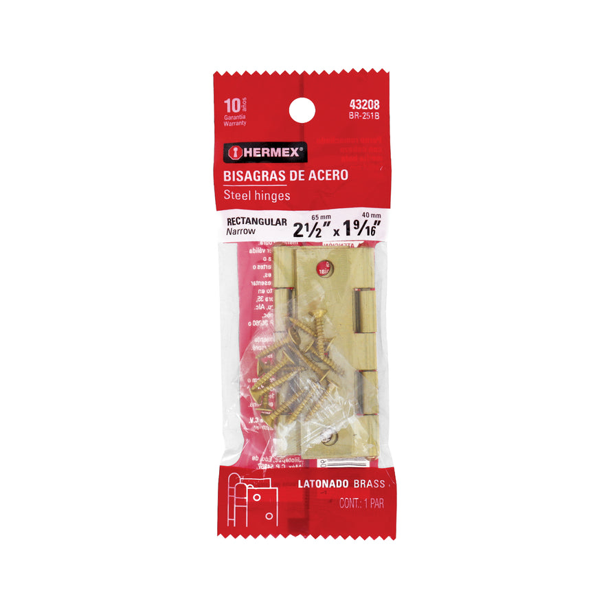 Bolsa con 2 bisagras rectangulares 2-1/2', acero latonado Caja con 6, 43208