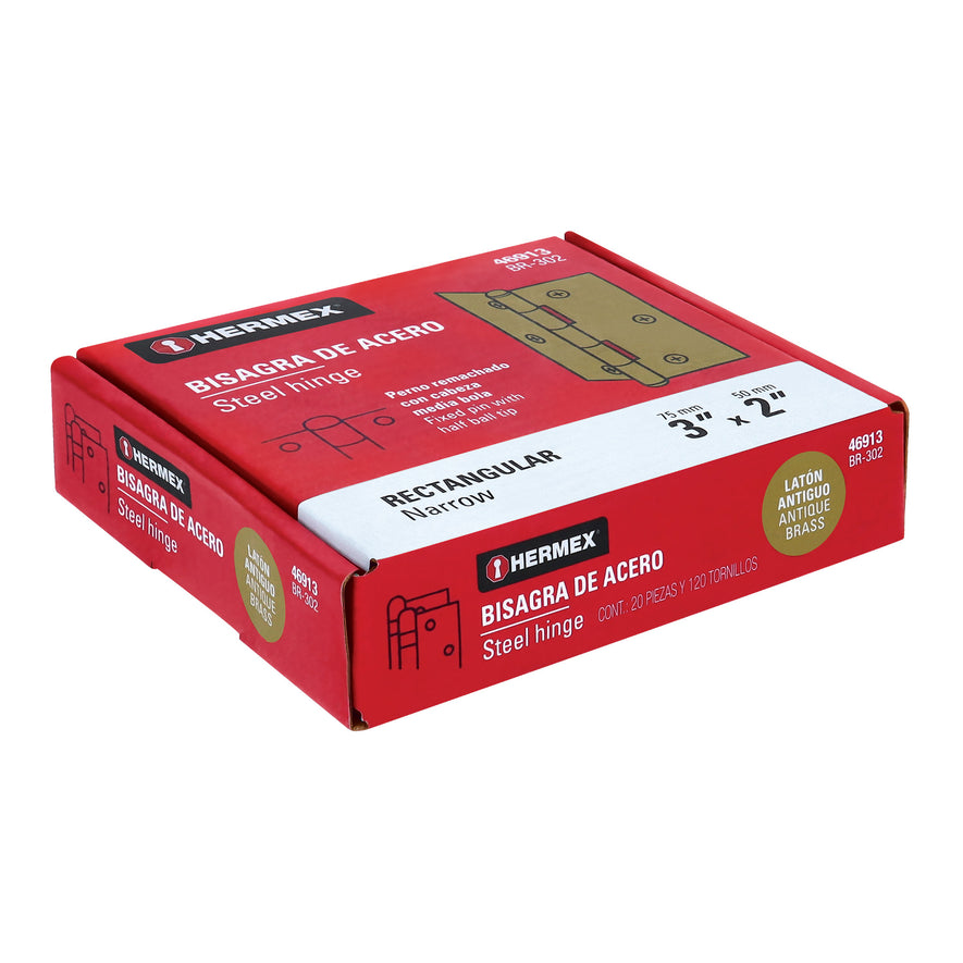 Bisagra rectangular 3' latón antiguo, Hermex Caja con 20, 46913