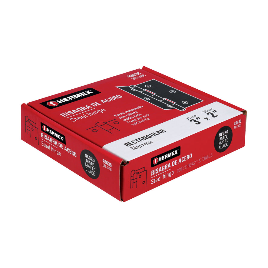 Bisagra rectangular 3' negra, Hermex Caja con 20, 45636