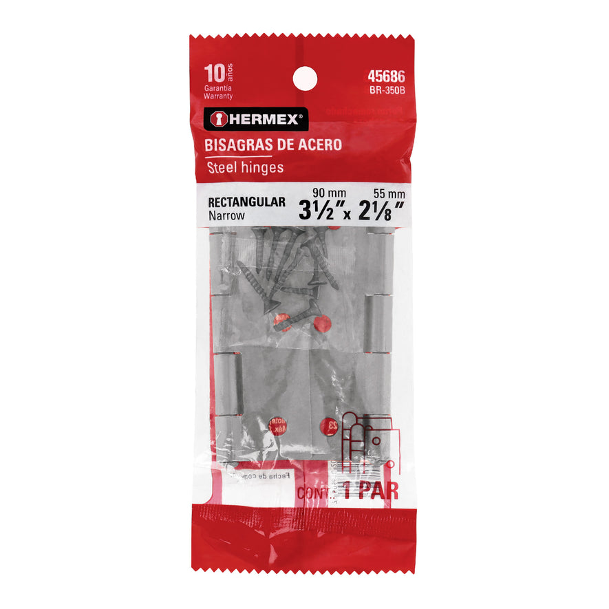 Bolsa con 2 bisagras rectangulares 3-1/2', acero pulido Caja con 6, 45686