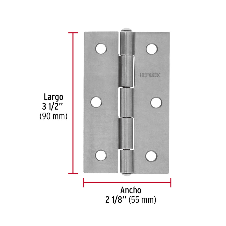Bolsa con 2 bisagras rectangulares 3-1/2', acero pulido Caja con 6, 45686