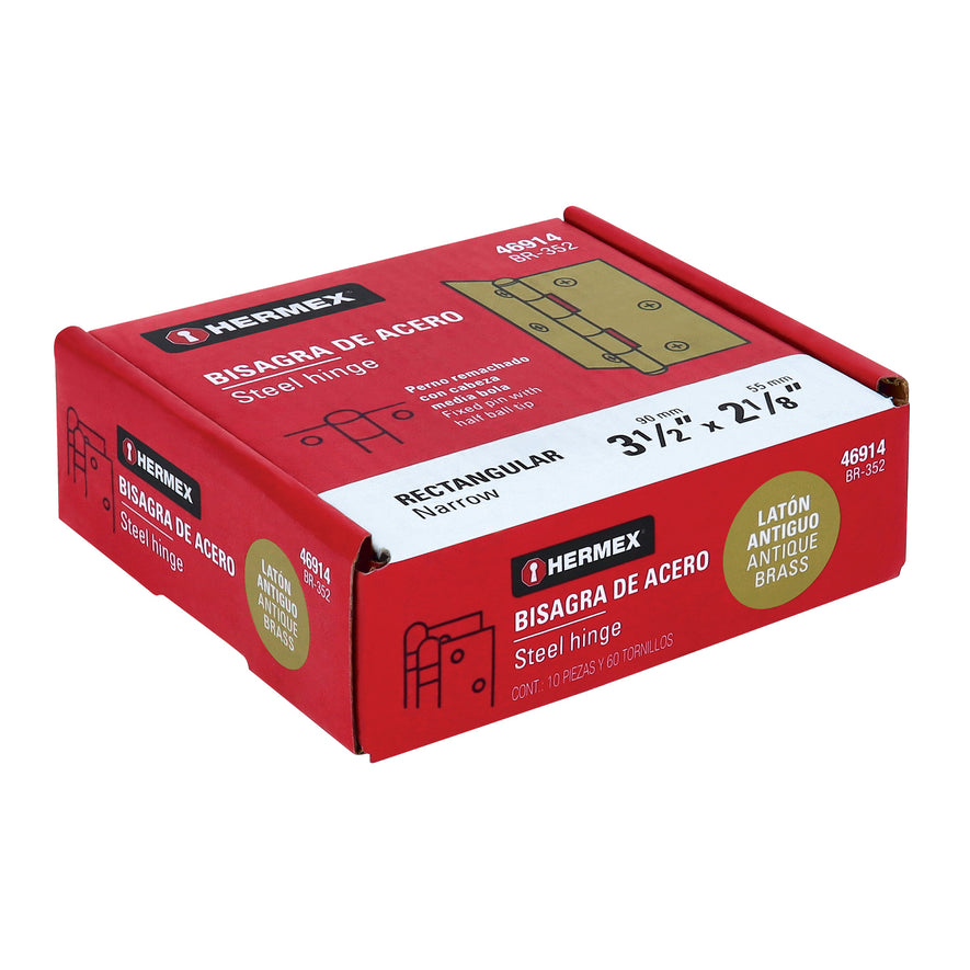 Bisagra rectangular 3-1/2' latón antiguo, Hermex Caja con 10, 46914