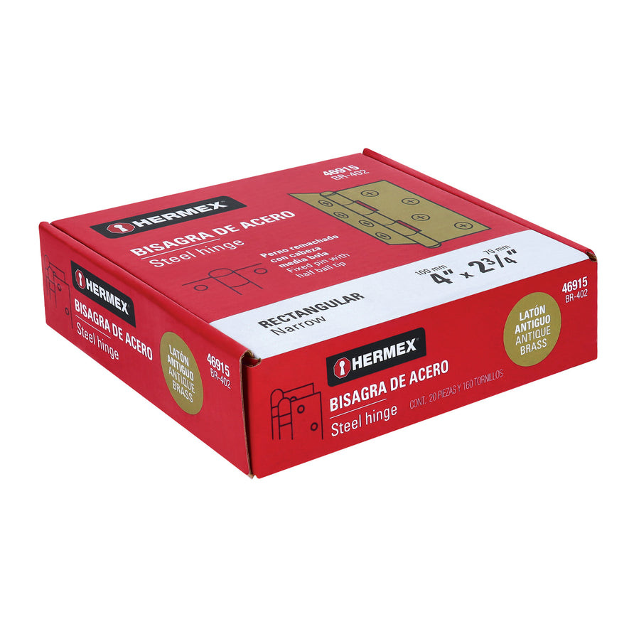 Bisagra rectangular 4' latón antiguo, Hermex Caja con 20, 46915