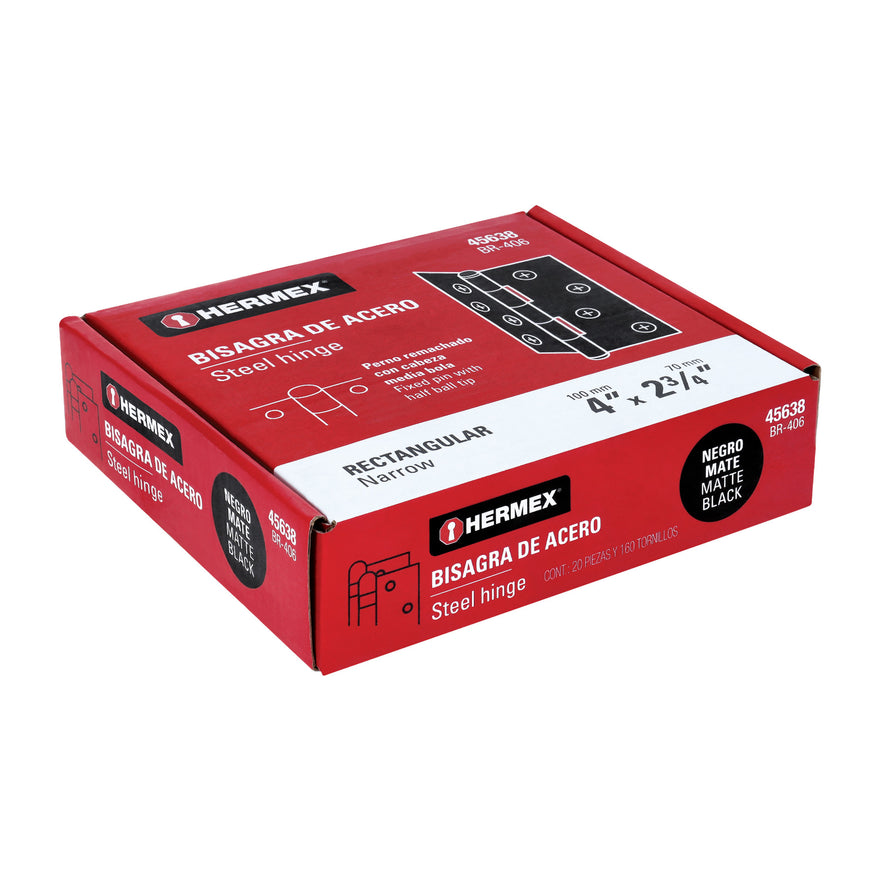 Bisagra rectangular 4' negra, Hermex Caja con 20, 45638