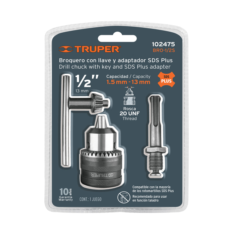Broquero de 1/2' c/llave y adaptador SDS Plus p/rotomartillo Caja con 6, 102475