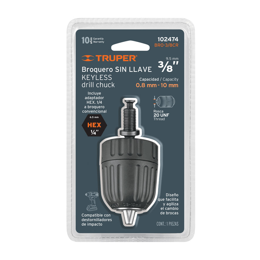 Broquero 3/8' s/llave, c/adaptador Hex 1/4' p/destornillador Caja con 2, 102474