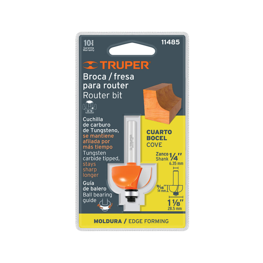 Broca para router, bocel cuarto, 1-1/8' con balero, Truper Caja con 3, 11485
