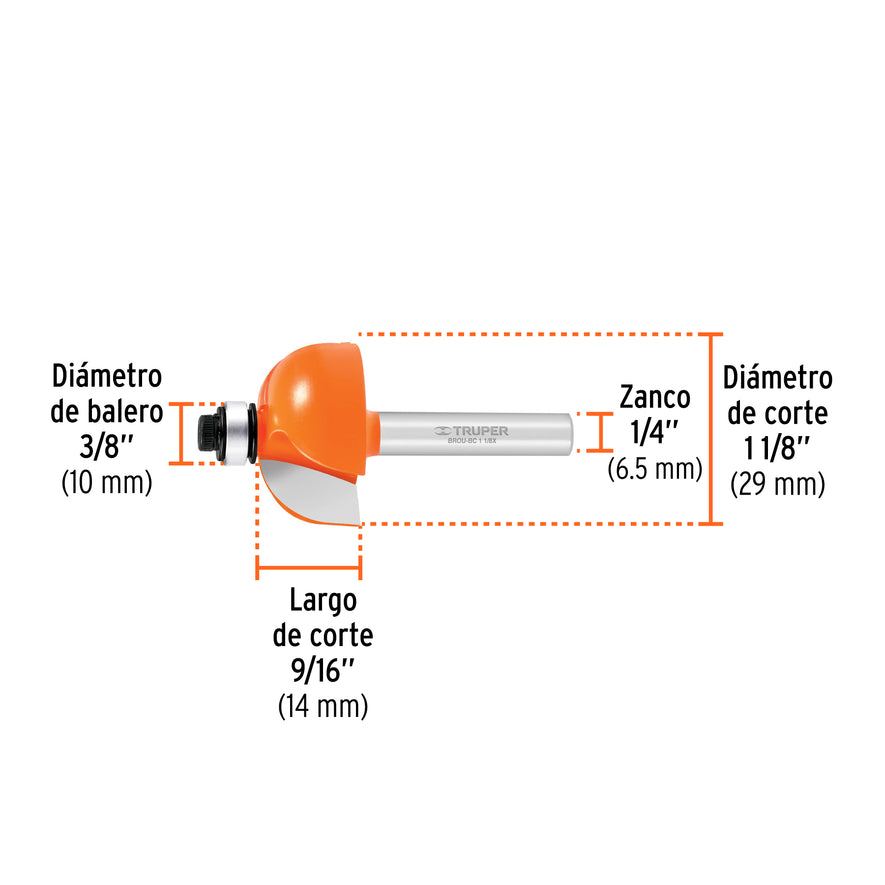 Broca para router, bocel cuarto, 1-1/8' con balero, Truper Caja con 3, 11485