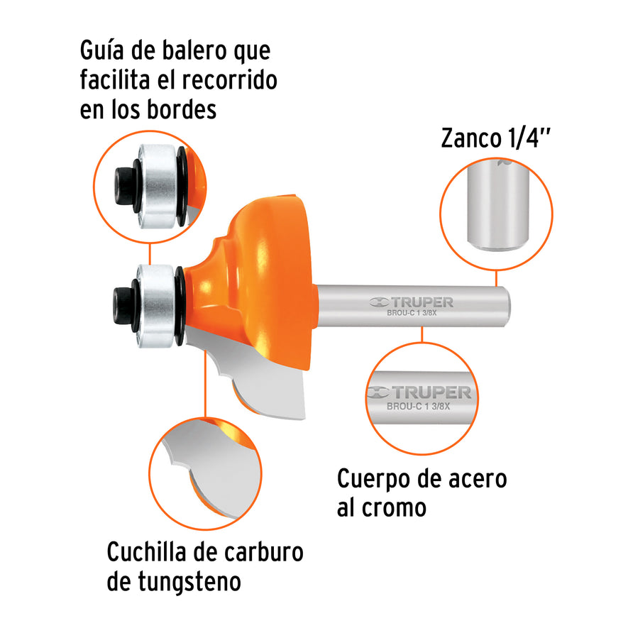 Broca para router, clásica, 1-3/8' con balero, Truper Caja con 3, 11482